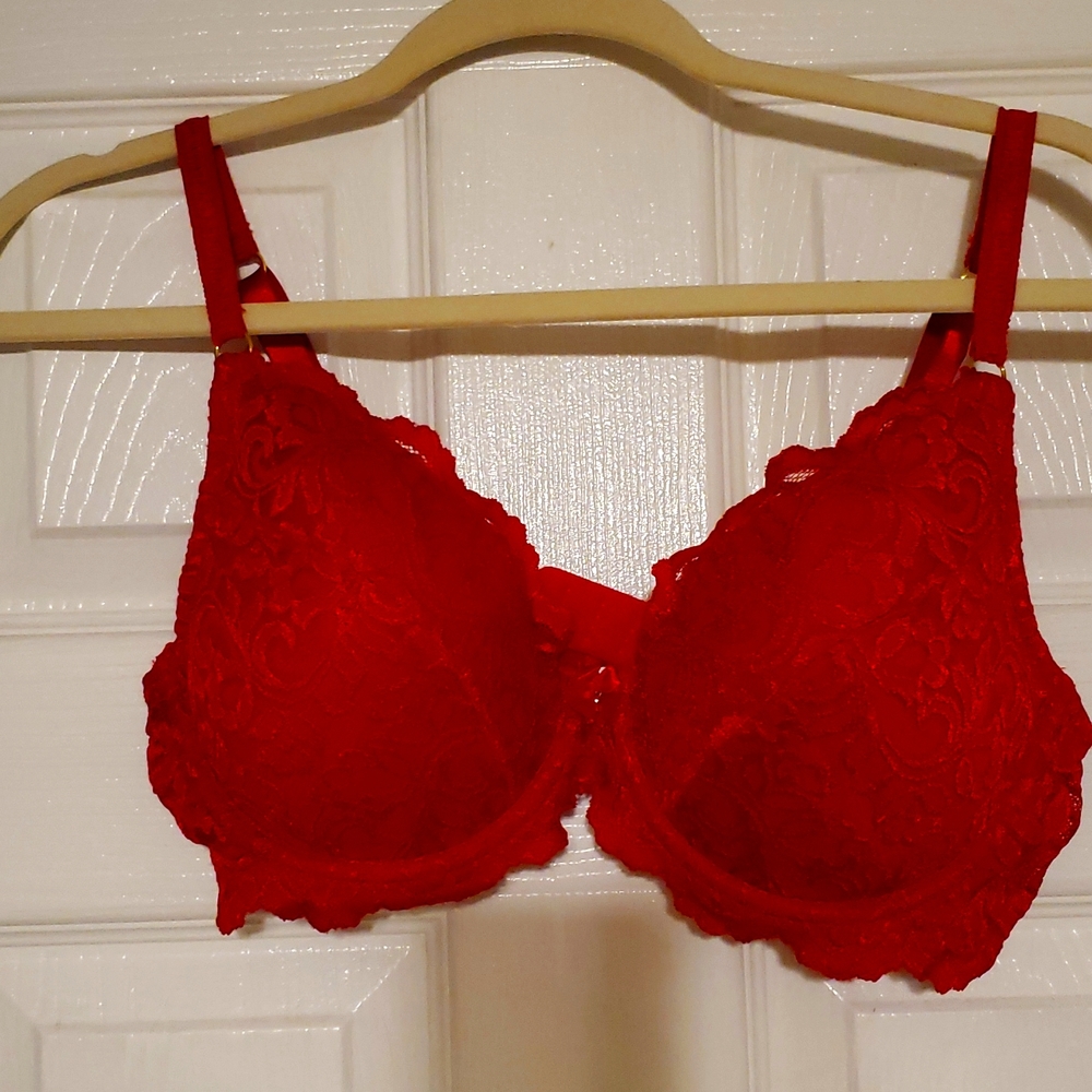 Secret treasures 38C red lacy bra with rhinestone accents.